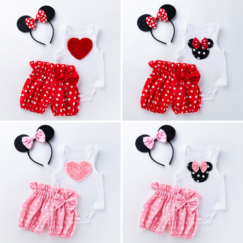 Cross-border children's clothing baby girl cartoon love white sleeveless blouse polka dot shorts suit baby holiday outfit new