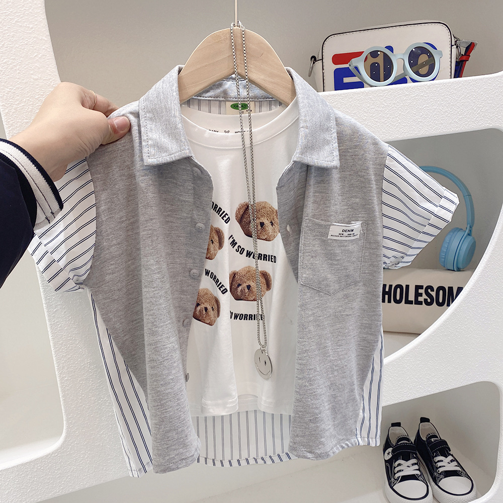 Verano nueva camisa de manga corta 2023 ropa para niños camisa de retazos de punto para bebés de niños medianos y grandes camisa de moda para niños