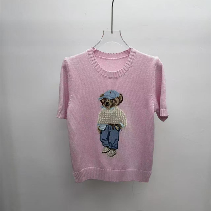 26 Spring and Summer New Style Bear Jacquard Round Neck Short-Sleeved Knitted Top College Style Simple and Versatile T-Shirt 26 Spring and Summer New Style Bear Jacquard Round Neck Short-Sleeved Knitted Top College Style Simple and Versatile T-Shirt