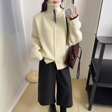 韩系拼色高领针织开衫女秋冬新款慵懒风软糯时尚双拉链毛衣女外套