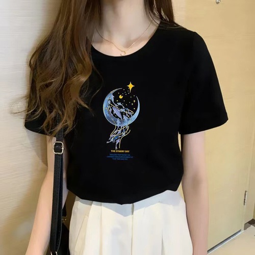 Women's Spring 2025 Loose Casual Matchy T-Shirt for Layering, Starry Sky Dolphin
