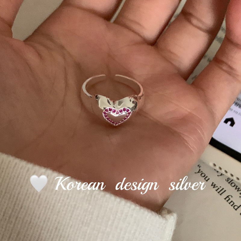 韓國ins博主同款食指環 S925純銀開口可調節愛心粉鑽戒指小眾疊戴