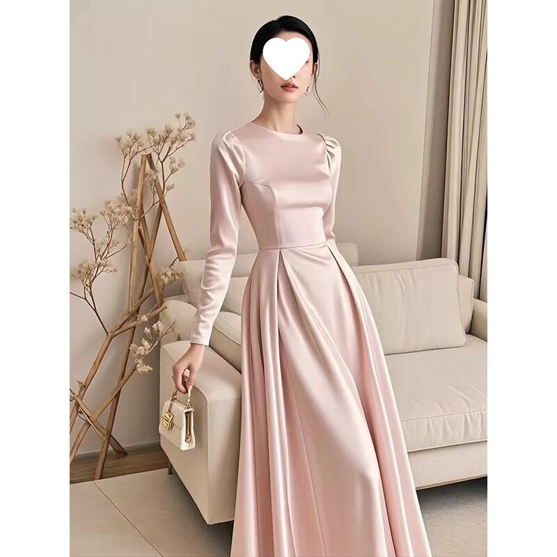 French Hepburn Style Simple and Elegant Formal Dress with a Skirt-Like Feel, Pink Acetate Dress for Women in Early Autumn