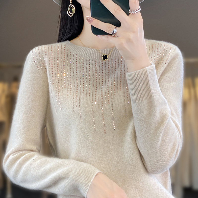 Ropa de primera línea sin costuras 2023 otoño e invierno nuevas mujeres cuello redondo Jersey de manga larga con lentejuelas camisa de fondo de punto Andy Velvet