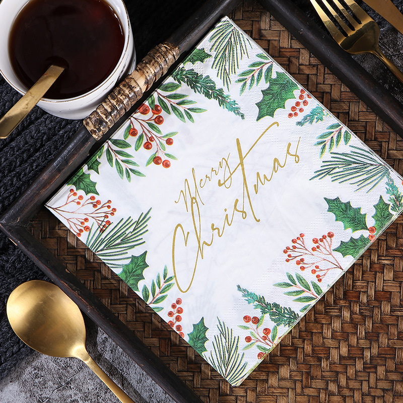 Christmas Green Leaf Printed Paper Napkins Edible Grade Soy Ink Virgin Wood Pulp Merry Christmas English Square Paper Napkins Wholesale Christmas Green Leaf Printed Paper Napkins Edible Grade Soy Ink Virgin Wood Pulp Merry Christmas English Square Paper Napkins Wholesale