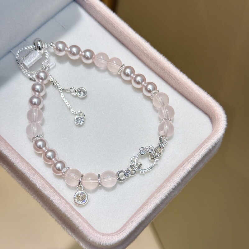 Natural Rose Quartz Spliced with Swarovski Pearls and Sparkling Rhinestones Kitty Pull-Out Bracelet for Women, Versatile and Stylish for Everyday Wear