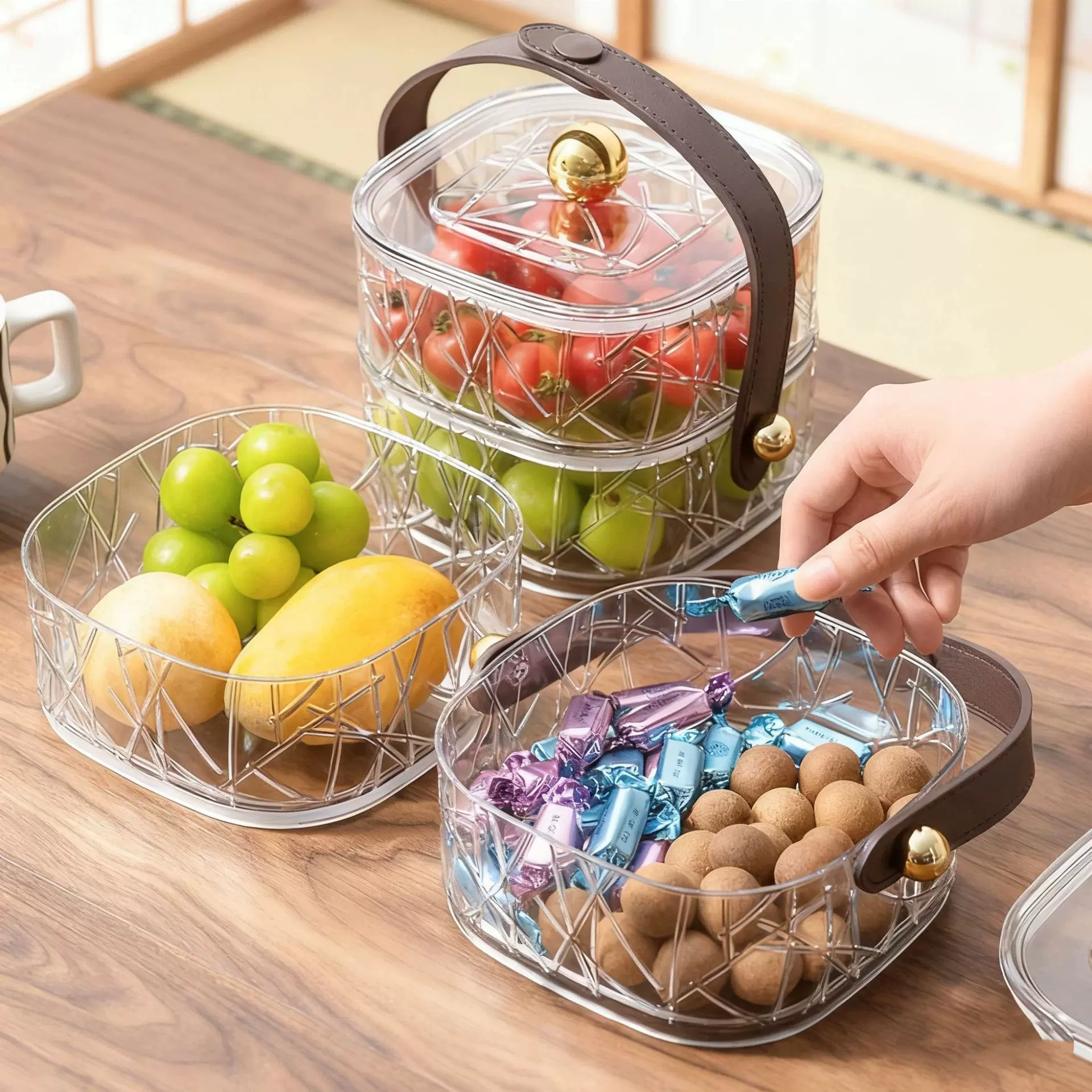 手提双层果盒现代客厅家用干果盘柿子果盘茶几坚果盘零食盘糖果篮