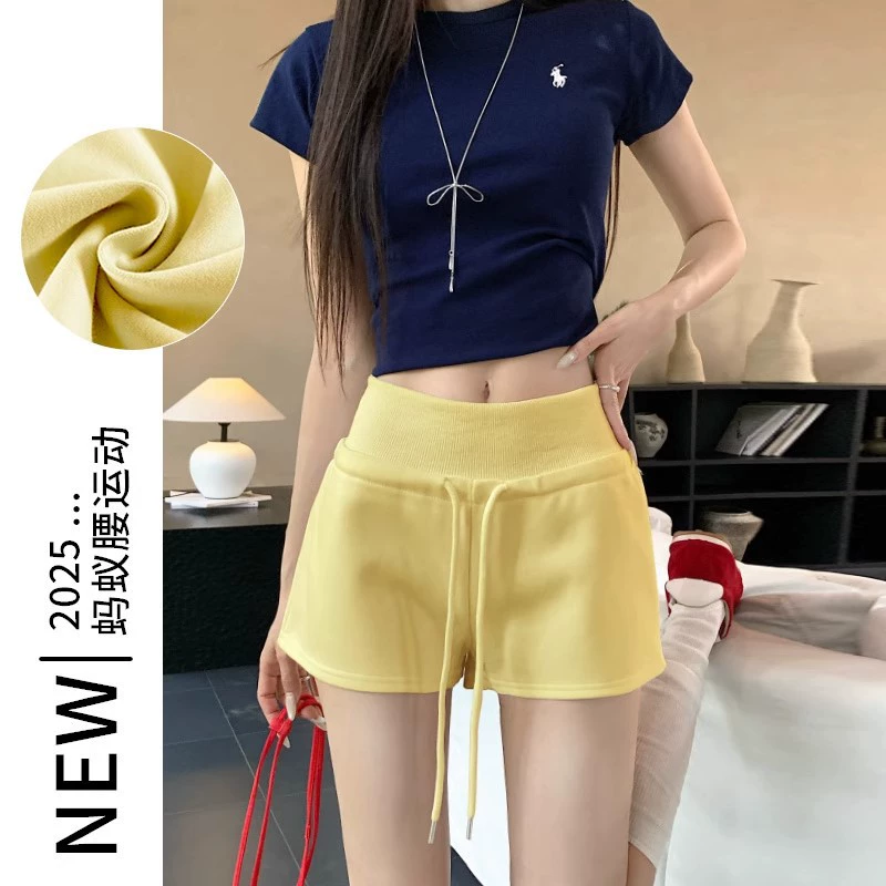 Желтые спортивные шорты для женщин, лето 2025, новые трапециевидные шорты с высокой талией для похудения, верхняя одежда, повседневные сексуальные обтягивающие шорты