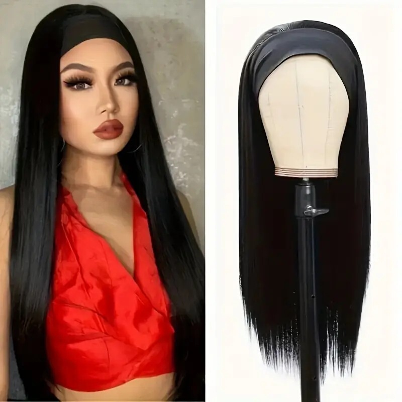 Cross-Border European and American Women's Headscarf Wig Headband Wig Black Ice Silk Hairband Long Straight Hair Wig Headgear