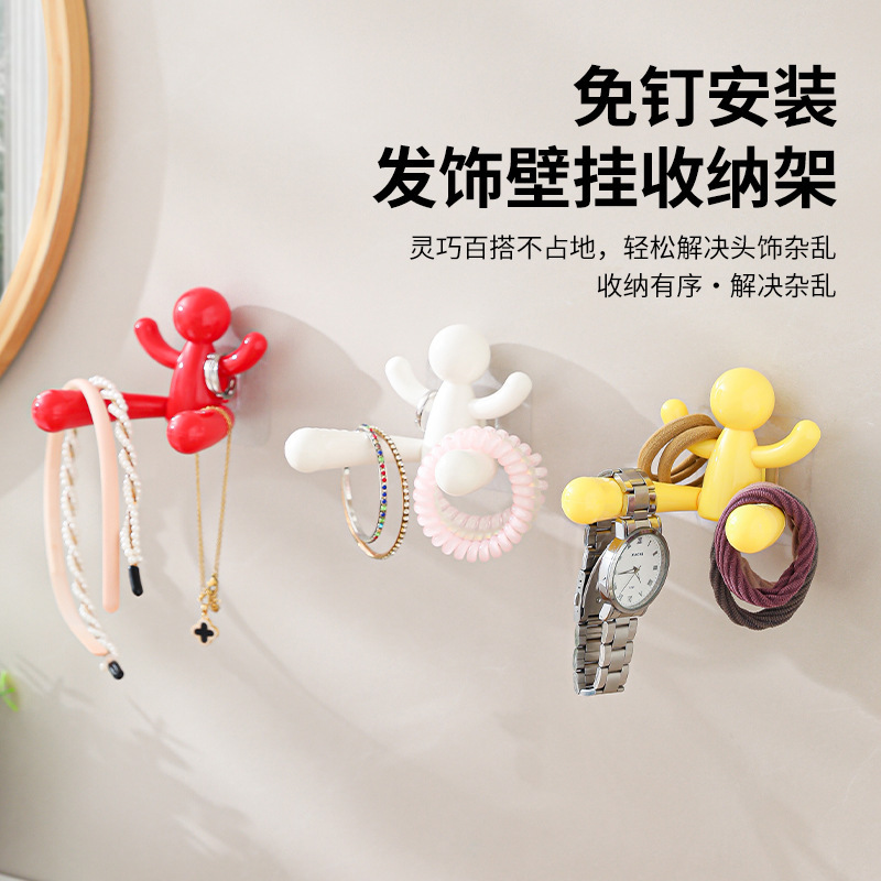 クリエイティブな小型人型壁掛けヘアアクセサリー収納ラックパンチフリー携帯電話ホルダー浴室多目的ヘアバンドヘッドロープフック|undefined