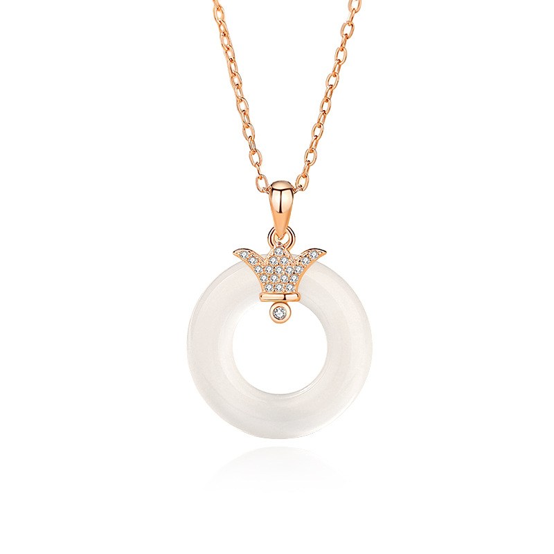 S925 plata Jade blanco hebilla de seguridad collar de la moda nacional de las mujeres nuevo chino corona collar diamante con incrustaciones de circón joyería al por mayor