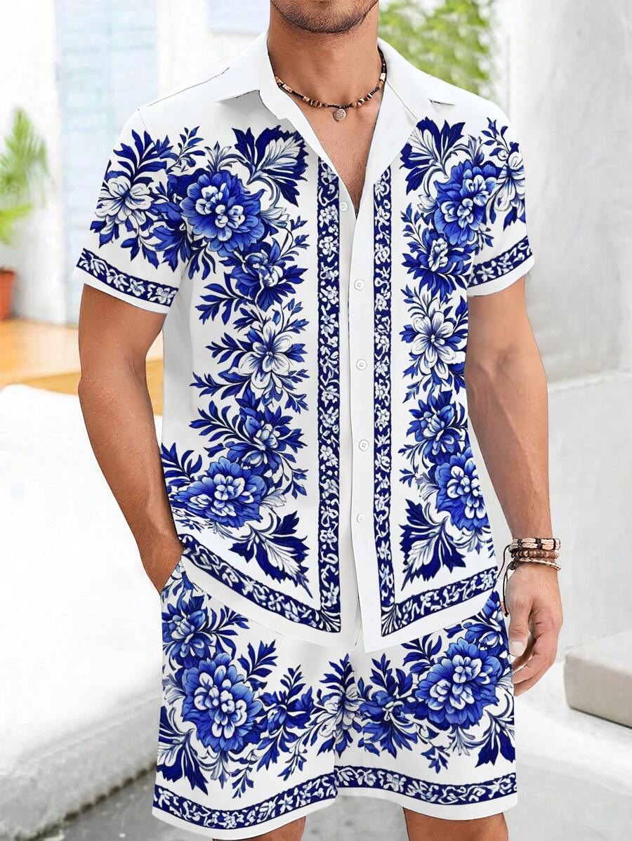 Transfronterizo 2024 nuevo estilo Amazon moda europea y americana casual todo fósforo manga corta cuello cubano pantalones cortos traje MB05 MA1