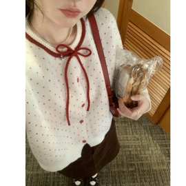 韩系蝴蝶结系带撞色针织毛衣开衫2024秋冬新款甜美短款镂空上衣