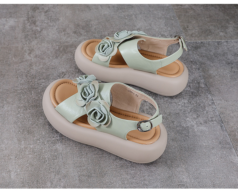 Sandal hở mũi nữ đế độn cao da bò, kiểu La Mã quai mảnh, gót thấp — Màu trắng be chi tiết 12