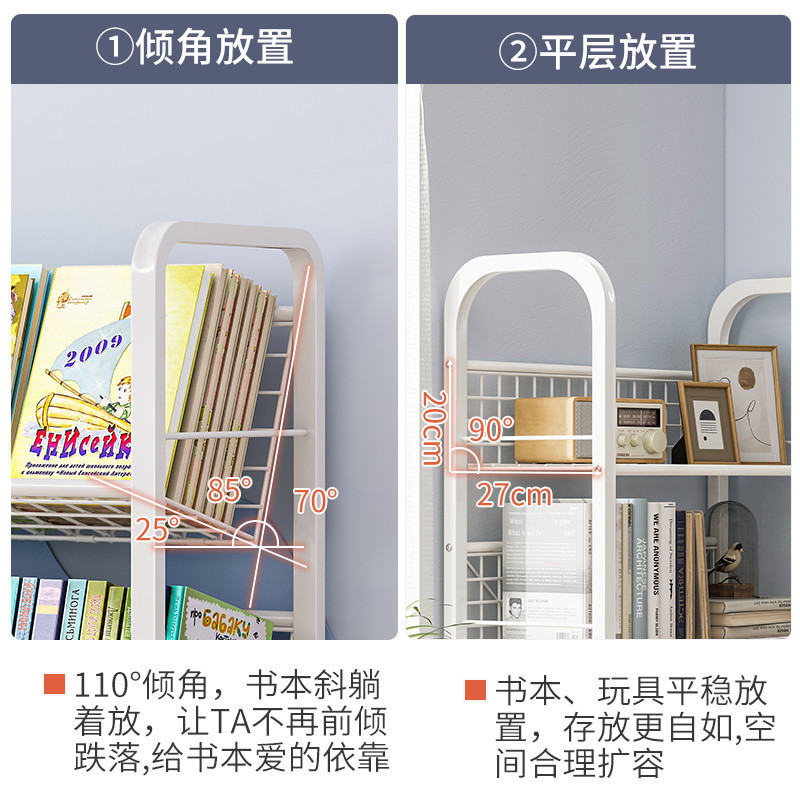 Estante de libros para niños Estante de almacenamiento de hierro forjado contra la pared Estante de almacenamiento de piso Estante de ruedas plegable móvil junto al escritorio