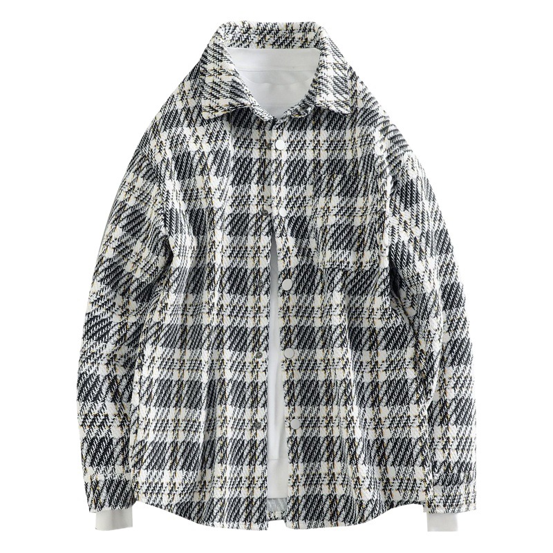 Abrigo de lana de estilo Chanel para hombre Otoño e Invierno camisa de marca de moda a cuadros de alta calidad solapa volante guapo chaqueta suelta moda