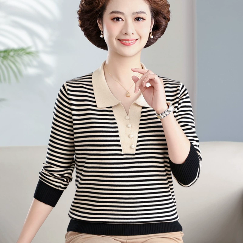 Весна 2024 Новый вязаный свитер в полоску для мамы с лацканами, модный топ с длинными рукавами для среднего и пожилого возраста, весна и осень, женская одежда