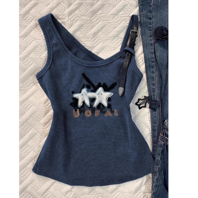 [260g Cotton Modal] Printed Camisole Women's Stacked Slim Sleeveless Top Blue