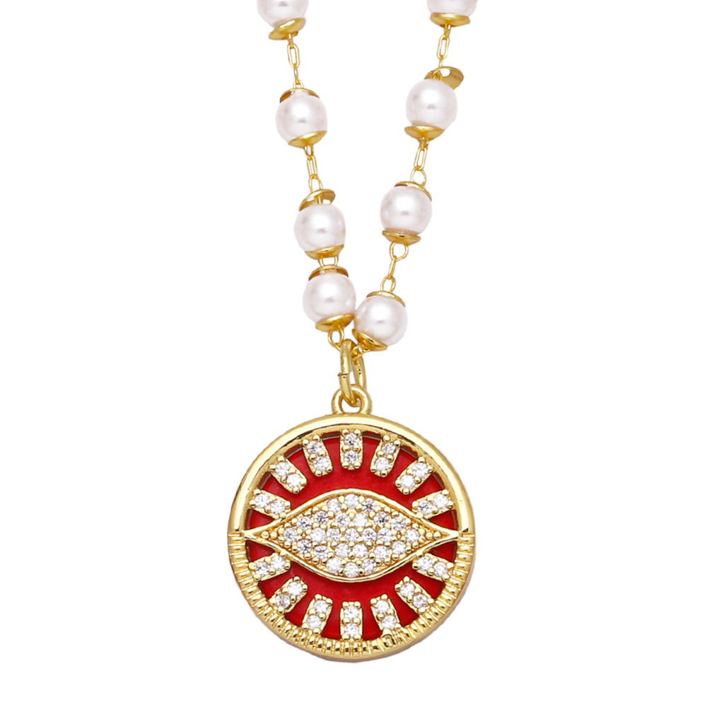 hip-hop retro pearl devilu0027s eye pendant copper zircon necklace female