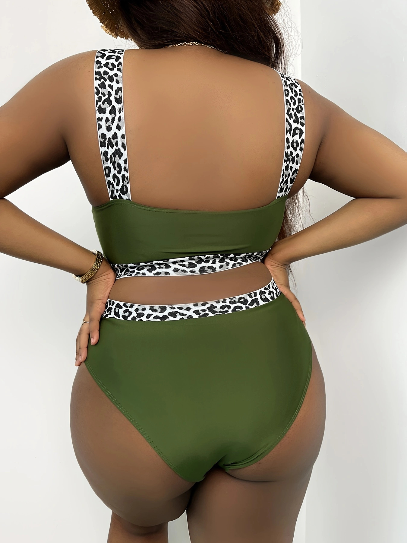 New European American Style Plus-Size Tank Top Bikini With Solid Color And Leopard Print, High-Waisted, Popular On_ecoleips.com