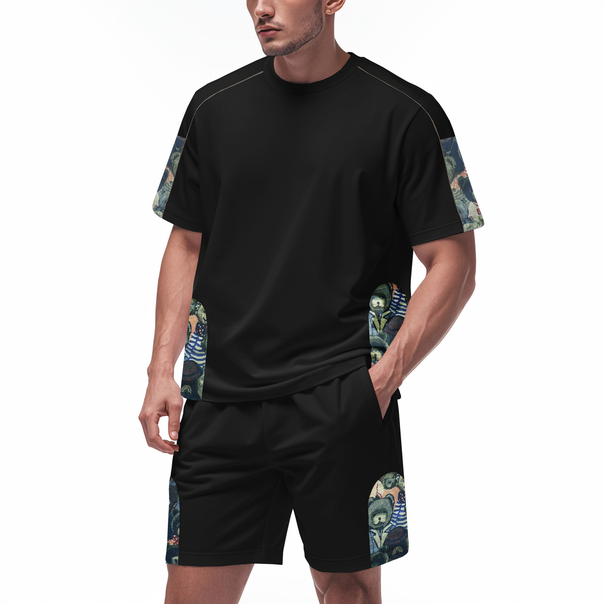 Men's Clothing Men's Trendy Sports Casual Hip Hop Round Neck Short Sleeve Bear Print Loose Fit Breathable Suit High Street Style_viptrois.com
