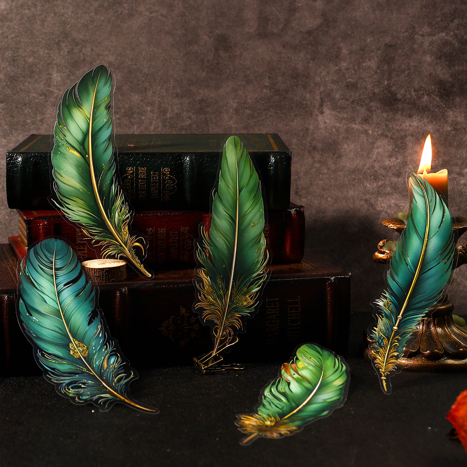Ancient Forest Pet Bronzing Sticker Pack Angel's Feather Series Retro Feather Handbook Material Collage 5 Pieces