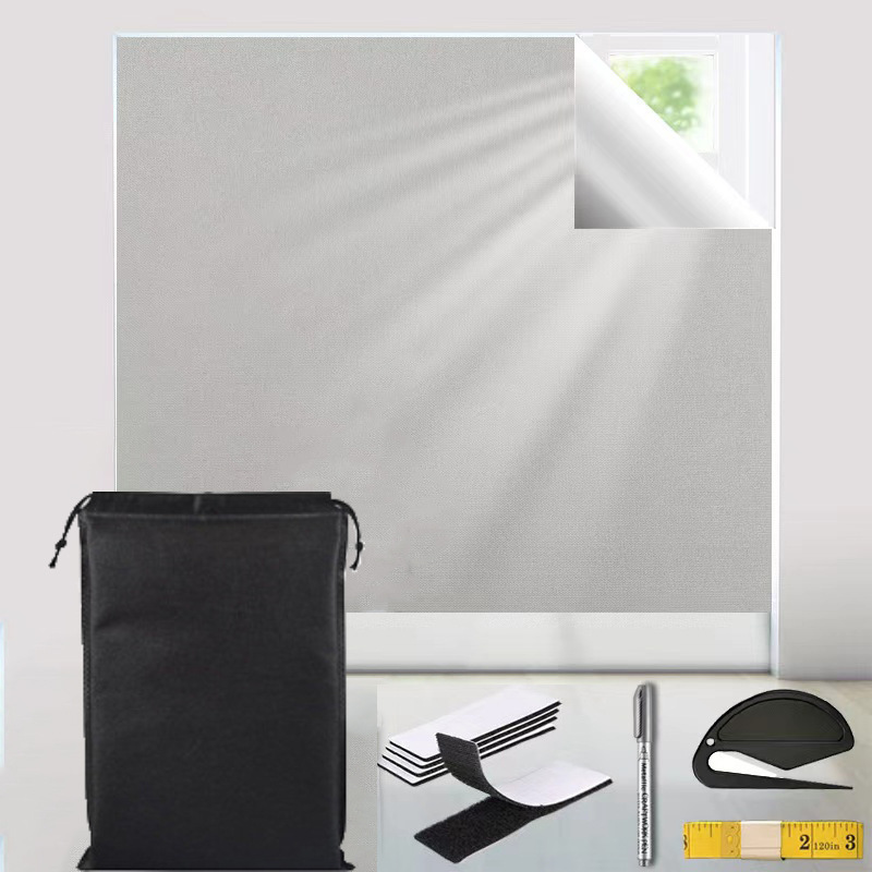 Portable gray blackout curtains for windows, strong hook and loop tape with adhesive for bedroom
