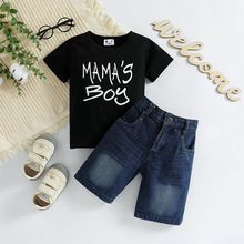 SAMGAMIBABY時尚男童短袖套裝夏季兒童字母黑色T恤牛仔短褲兩件套