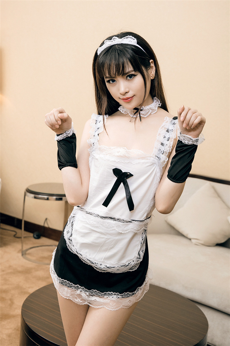 Playful Maid Role-Play Costume Set with Cross Lace-Up Back, Black One Size — detail image 1
