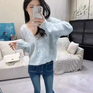 亮片针织开衫女2025秋冬新款V领宽松百搭短款毛衣时尚高级感上衣
