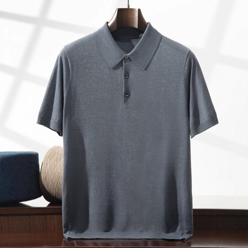 2025 Summer New Style 100% Wool 68 Count Double-Strand Fine Imitation Yangtze Yarn Knitted Lapel Thin Short-Sleeved Men's Wholesale