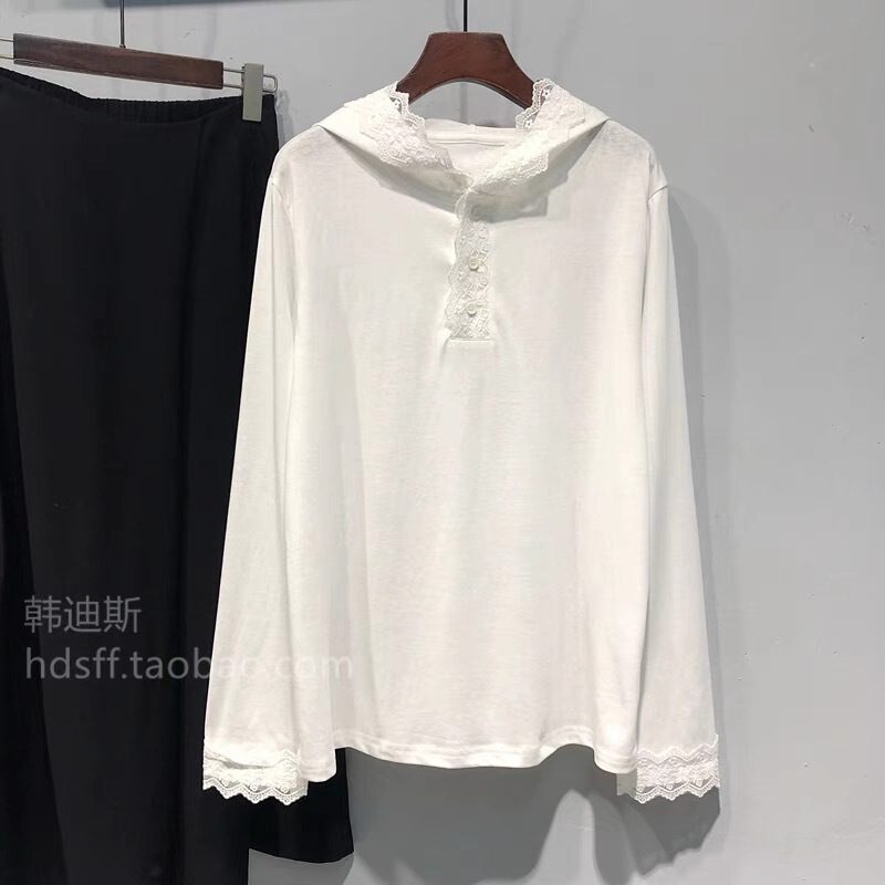 Plus Size 100kg Early Spring and Autumn Lace Trim Hoodie for Women, Loose Fit, Slimming, Long Sleeve, Solid Color T-Shirt Top