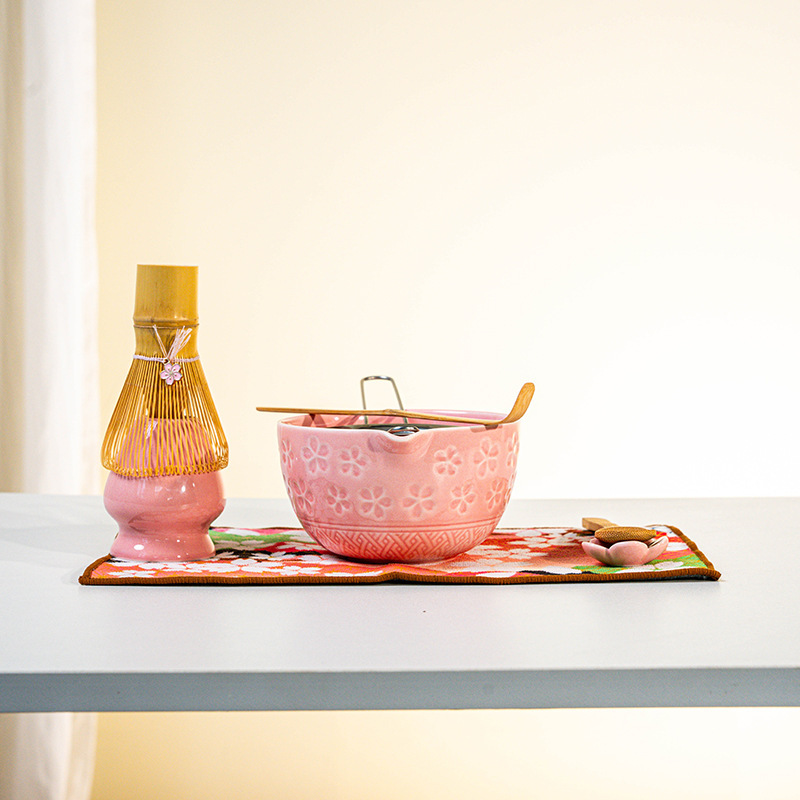 日本製抹茶茶器セット 桜ボウル 注ぎ口付き 8点セット フルセット カラーボックス ピンク付き|undefined