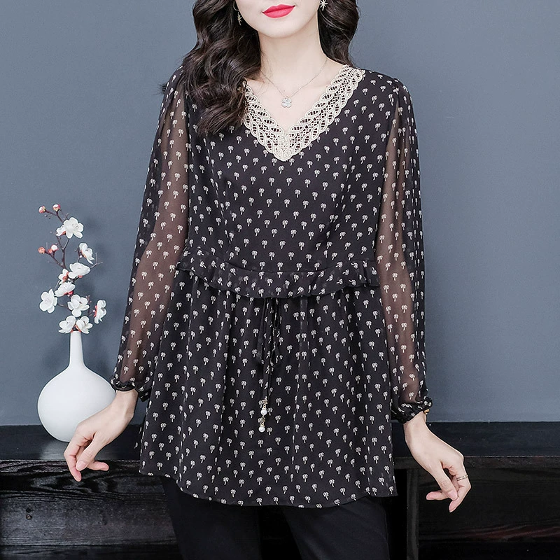 50,00-120,00 кг Летняя облегающая шифоновая рубашка больших размеров с длинными рукавами и цветочным принтом, Свободный Топ А-силуэтом, женская одежда среднего и пожилого возраста