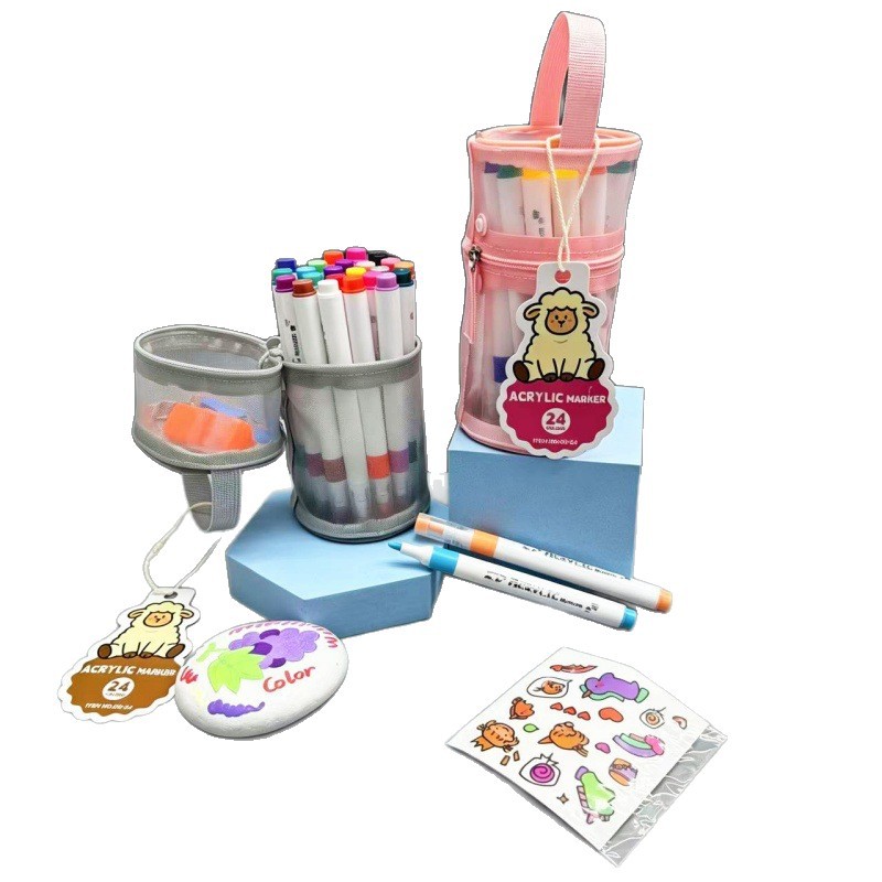 Portátil acrílico marcador conjunto de dibujo de niños cabeza suave opaco color plegable 24 colores 36 bolsas de red portátiles