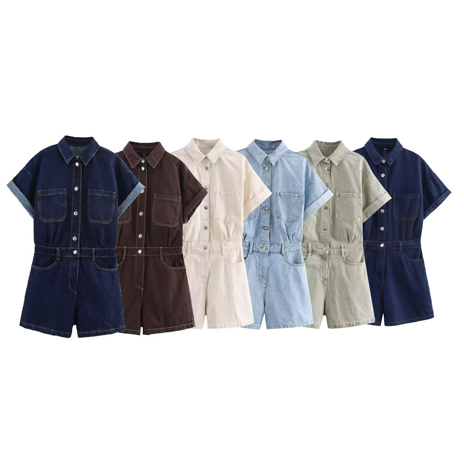 亚马逊批发春季新款女装套头翻领单排扣短袖口袋短款牛仔连体裤