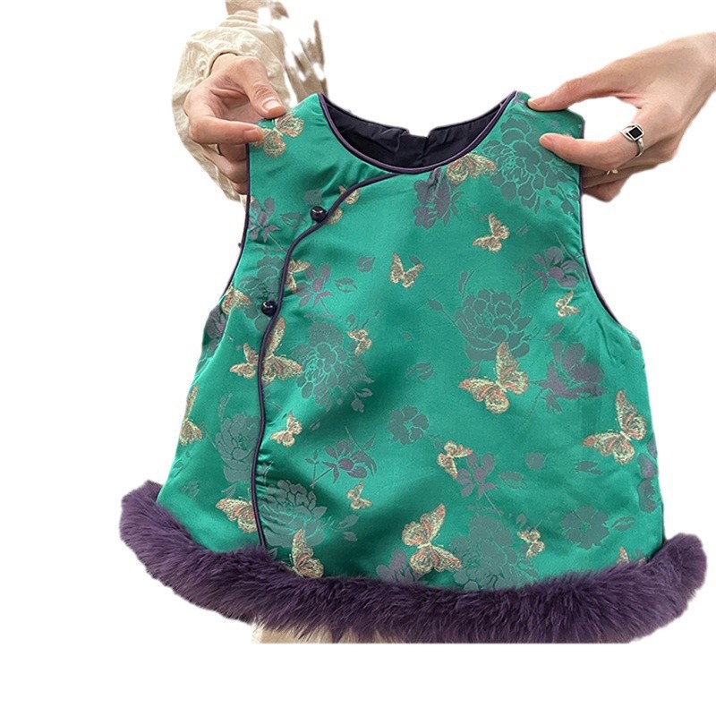 2025 invierno niñas estilo nacional satén chaleco jacquard bebé nuevo chaleco de hombro chino vestido cheongsam image 6