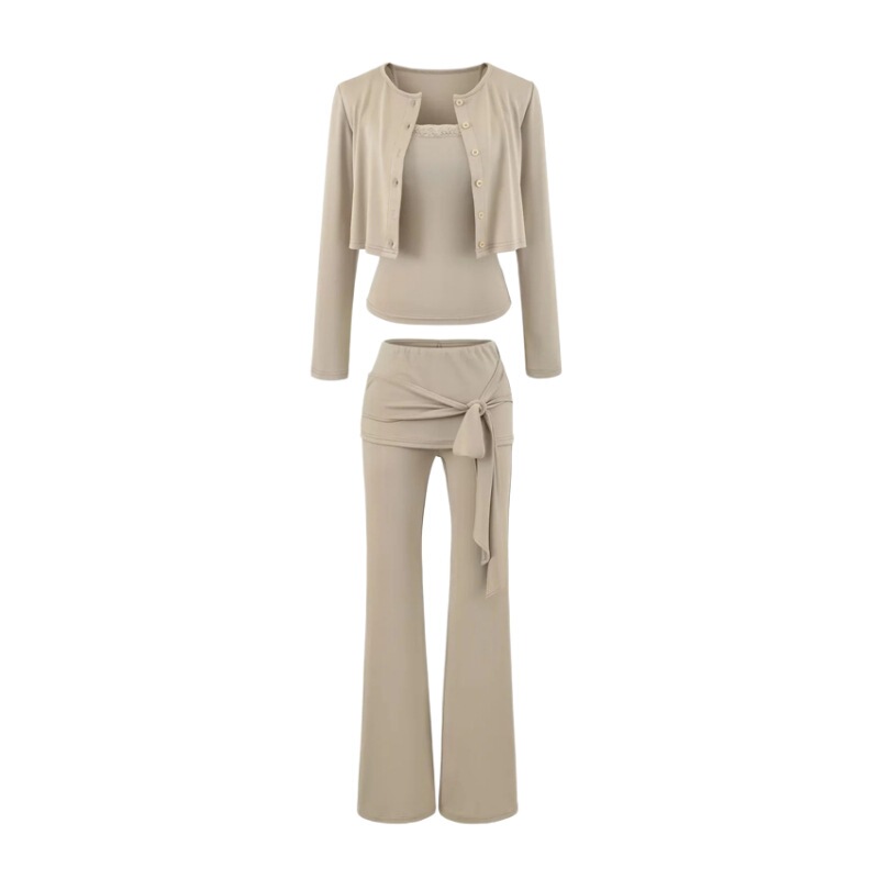 Retro hot girl style short cardigan top paired with lace-trimmed strapless camisole and high-waisted tie-up flared pants Retro hot girl style short cardigan top paired with lace-trimmed strapless camisole and high-waisted tie-up flared pants