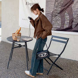 实拍2024咖色灯芯绒外套女短款复古小个子立领宽松工装夹克上衣潮