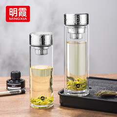 明霞玻璃杯雙層加厚高硼硅泡茶杯子便攜耐高溫辦公水杯禮品杯批發