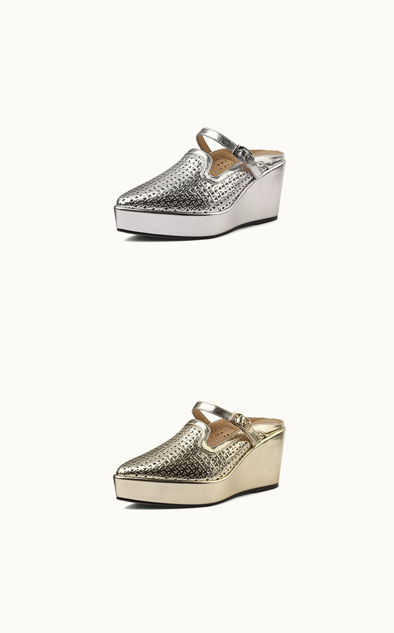 Sandal nữ mũi nhọn gót xuồng cao 9 cm, đế platform 5 cm, quai hở mũi, phong cách dáng lười — màu vàng, bạc chi tiết 9
