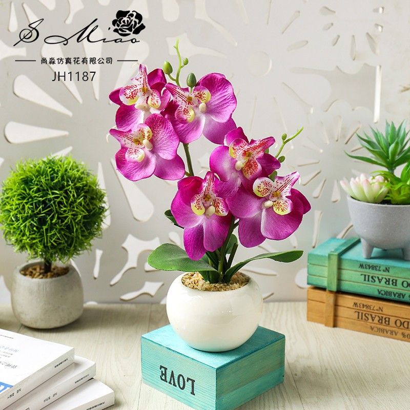 Selección estricta de flores falsas, doble tenedor, Phalaenopsis bonsái simulación de flores creativas, adornos de escritorio de flores artificiales, macetas de simulación