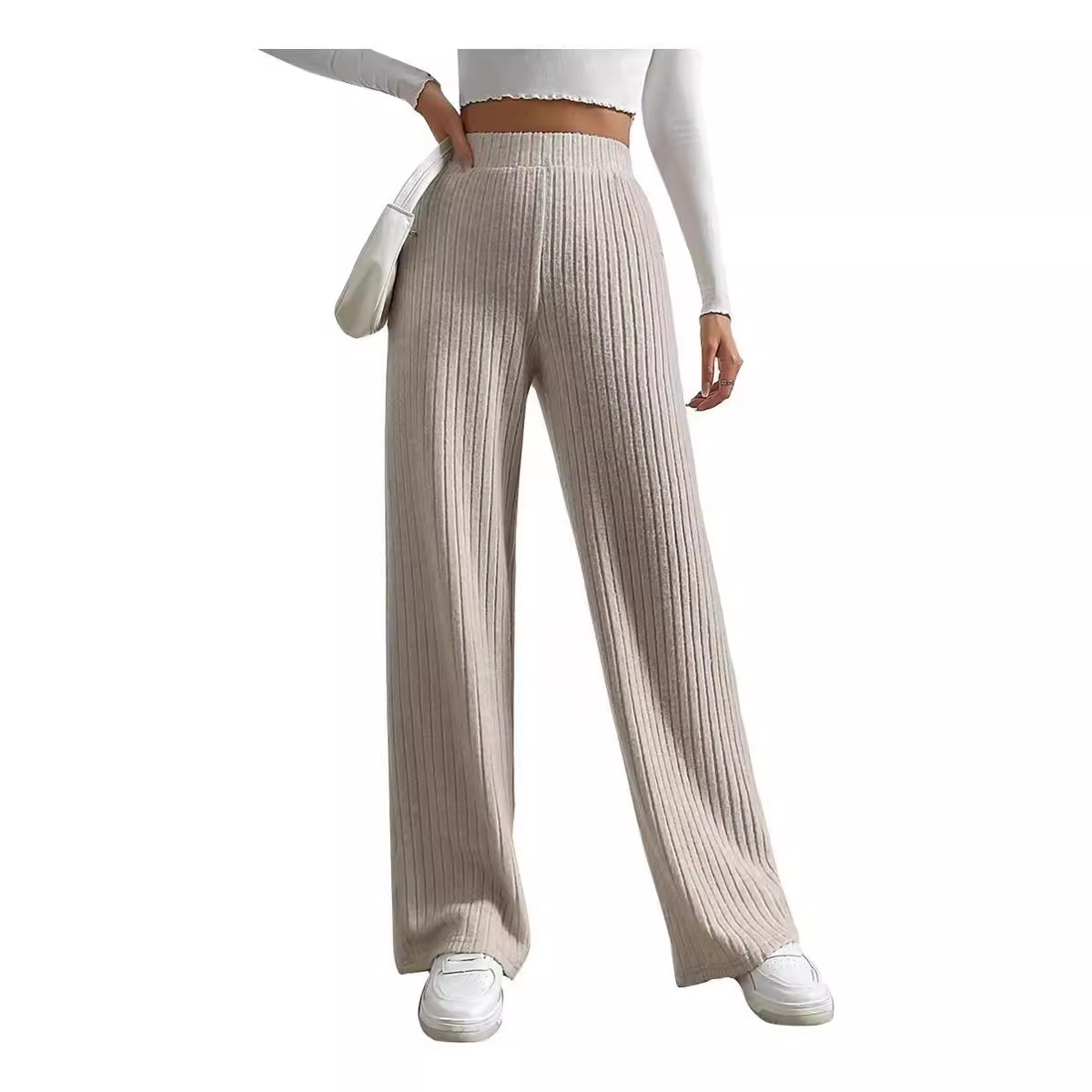 2025 Cross-Border European and American Fashion Wide-Leg Women's Ribbed Knit Pants High-Waisted Elastic Flared Pants Long Pants Slimming Casual
