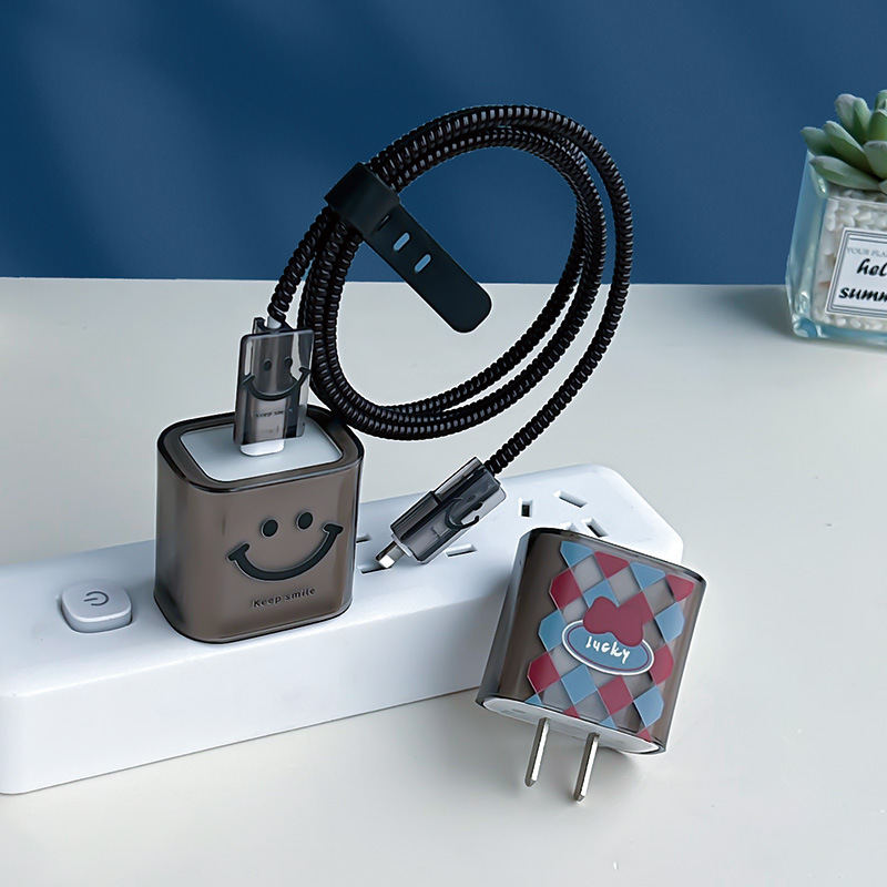 Aplicable a Apple Charger Cover 20w Carga rápida cabeza de carga de cable de datos picador de cable negro LUKY sonriente cara