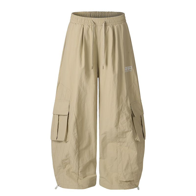 Multi-Pocket Elastic Waist Cargo Wide-Leg Pants for Men and Women with Diamond Quilting and Adjustable Cuffs, Summer Workwear Cross-Border
