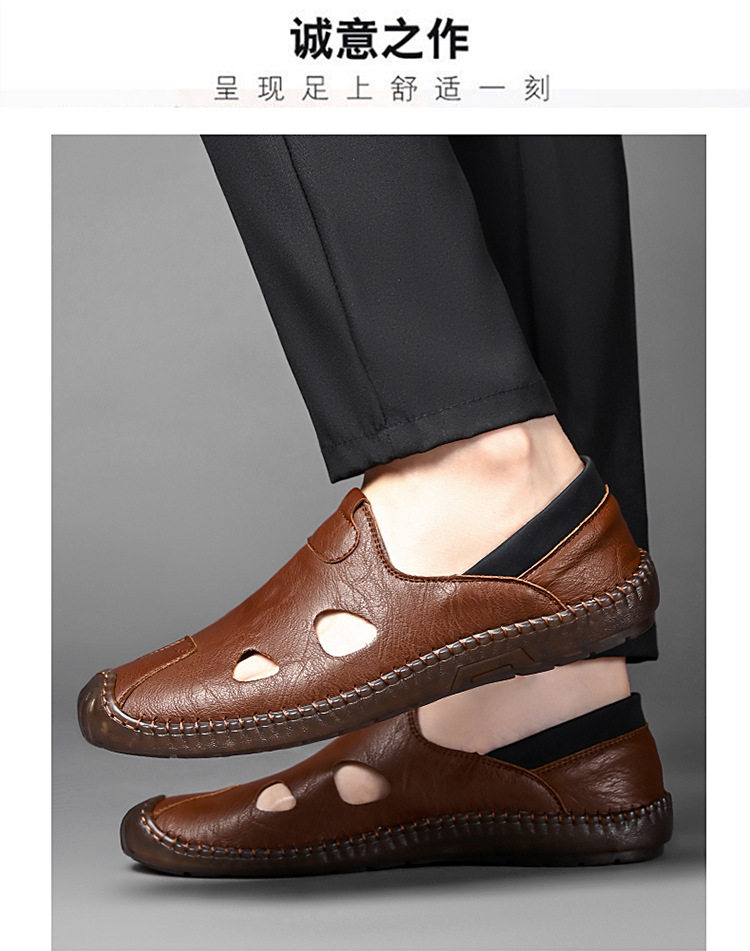 Giày sandal da nam thủ công đan dây, thoáng khí khoét lỗ, kiểu bao đầu — Màu kaki, màu đen chi tiết 15