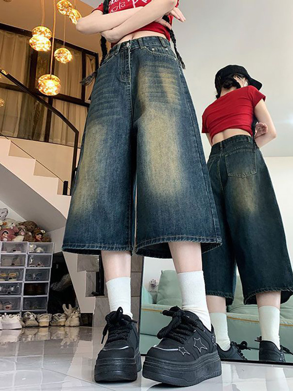 American High Street Retro Wide-Leg Cropped Denim Mid-Pants for Women Summer High-Waisted Large Size Slimming Loose Straight Shorts