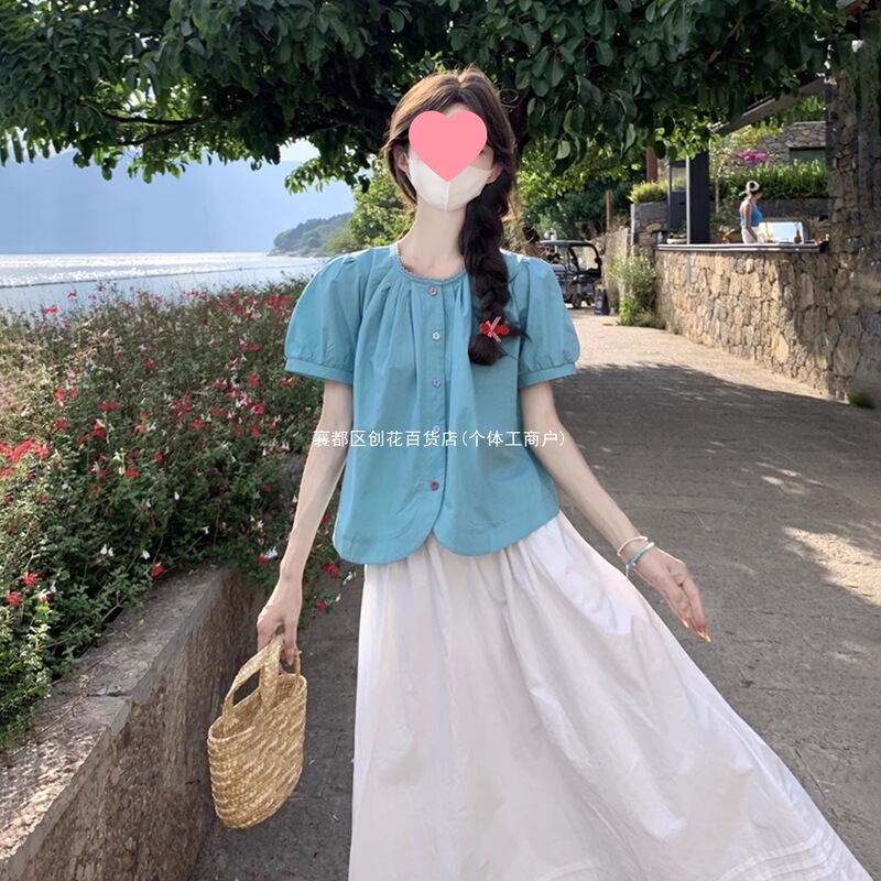 Plus-Size French-Style Babydoll Shirt, Blue Short-Sleeve Blouse for Women, Summer Outfit for Curvy Women, Dopamine-Style Fashion Set Top