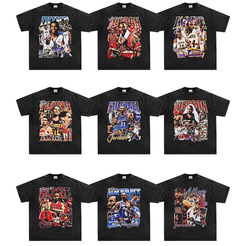 American Washed Retro T-Shirt Three-Ball Irving James Iverson Printed Short-Sleeved Men's Street Nba Star American Washed Retro T-Shirt Three-Ball Irving James Iverson Printed Short-Sleeved Men's Street Nba Star