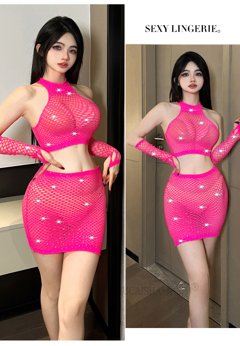 Fishnet Cut-Out Lingerie Set with Rhinestone Detail and Stockings — detail image 26